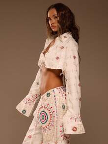 MUSERA Áo croptop lệch vai, đính họa tiết, phong cách boho Ibiza, thanh lịch, thích hợp cho kỳ nghỉ xuân hè, đi biển. - trắng - Xem 3