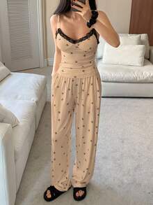 DAZY Conjunto de pijama de 3 piezas con top de camisa sin mangas, cárdigan y pantalones con estampado de lazo de primavera, bloqueo de color y encaje - Amarillo - Ver 4