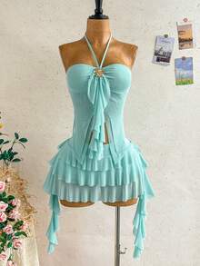 Soleia Ensemble 2 pièces femme avec Top à col ras-du-cou à volants et jupe évasée avec décoration florale en métal - Bleu ciel - Voir 1
