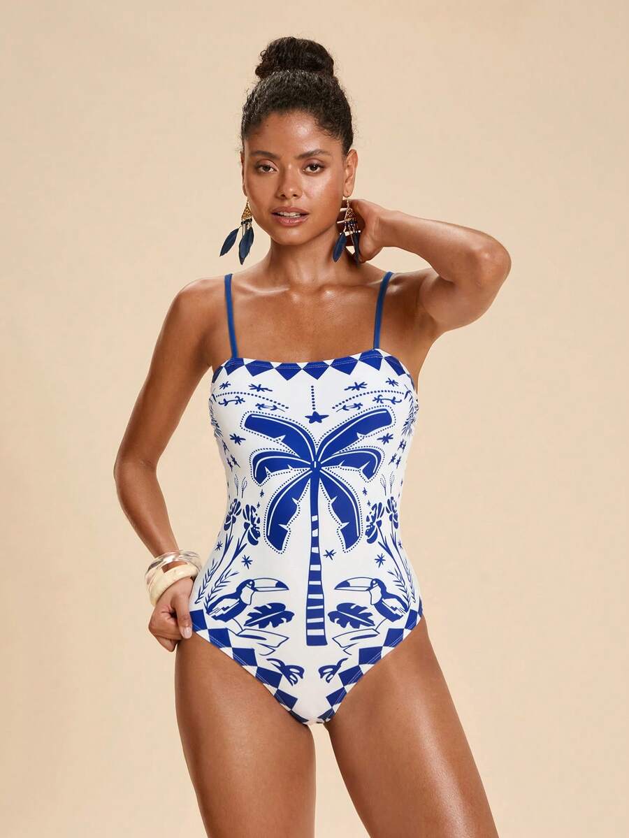 Travachic 女士椰树印花连体泳衣，适合海滩度假、泳池派对、沙滩派对 - 彩色 - 查看 1