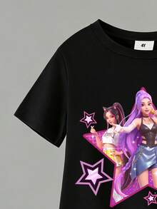 两件套少女时尚女团星形字母印花短袖上衣和渐变星形印花口袋工装裤套装，适合夏季外出穿着 - 彩色 - 查看 4