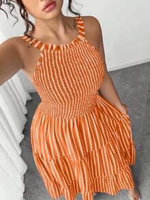 SHEIN Elenzya Đầm cổ yếm kẻ sọc dọc, thắt eo dành cho nữ cỡ lớn - trái cam - Xem 7