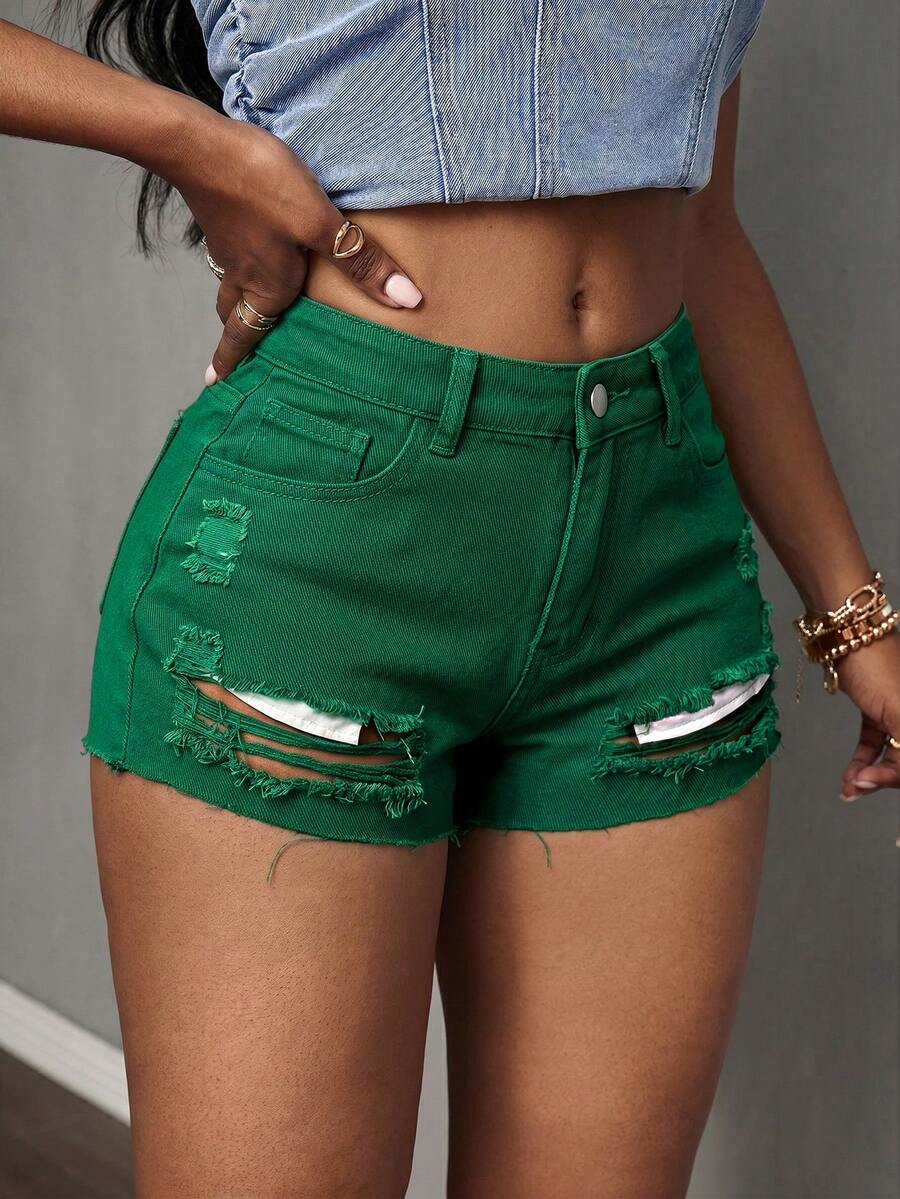 Slaydiva Women's Casual Versatile Everyday Denim Shorts With Pockets And Distressed Design - Green - View 1