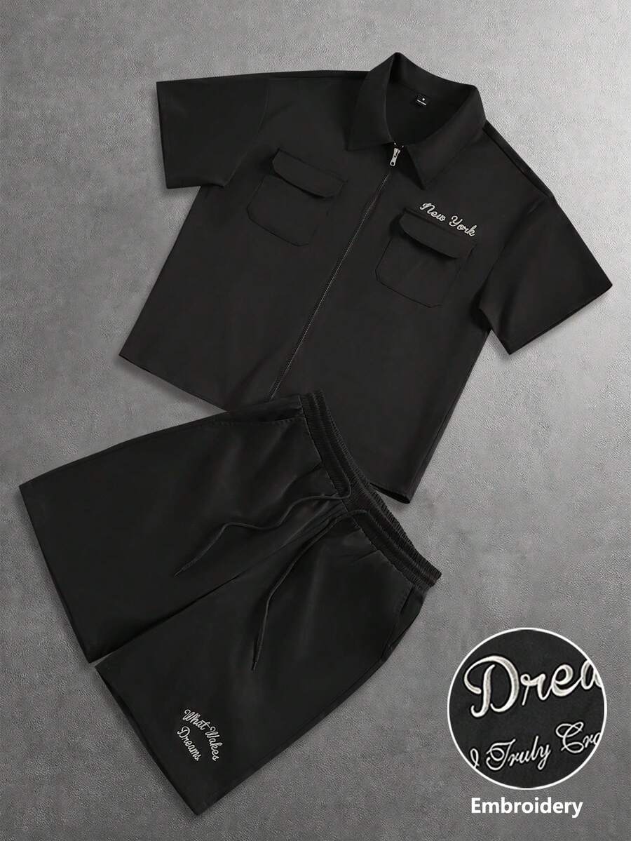 STYNVO Men's Comfortable Twill Fabric Short Sleeve Zip-Up Shirt And Drawstring Elastic Waist Shorts, Suitable For Casual Vacation, Hangout With Friends, Party, Office, Business, Especially Suitable For Spring And Summer - Black - View 1