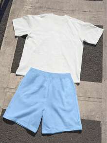 2件組青少年男孩圖案T恤與短褲套裝，白色夏季街頭風嘻哈風格圓領短袖上衣，休閒春夏男孩服飾 - 彩色 - 查看 2