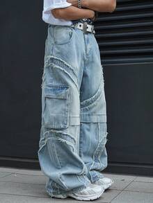 Manfinity EMRG Quần jeans denim nam phong cách thường ngày, kiểu dáng đường phố, gấu quần rách, túi nắp gập, không kèm thắt lưng. - Màu xanh lam - Xem 4