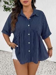 SHEIN Frenchy Plus Size Women Casual Striped Print Shirt, Suitable For Summer - Multicolor - View 4