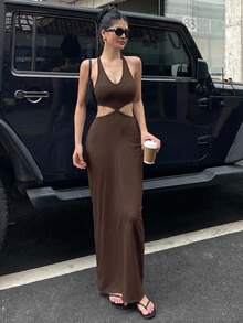 DAZY Women's V-Neck Bodycon Halter Dress Sun Dresses For Women Summer - Brown - View 2