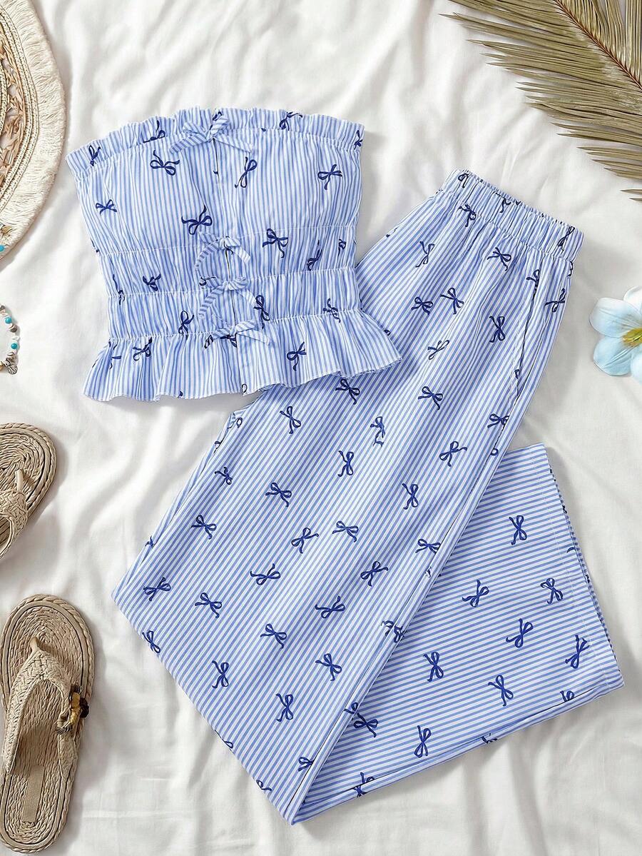 SHEIN Bộ đồ đôi nữ tuổi teen kiểu dáng thường ngày, màu xanh dương tươi mát, chất liệu vải dệt, thắt nơ phía trước, xếp ly, gồm áo quây và quần ống rộng cạp thấp có dây rút, thích hợp cho mùa hè, chụp ảnh đường phố, ăn trưa. - Nhiều màu - Xem 1
