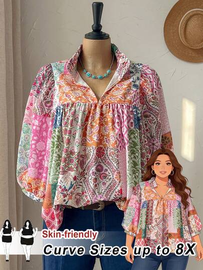 SHEIN CURVE+ Áo sơ mi trễ vai cổ khoét lỗ họa tiết hoa xanh trắng, kiểu dáng thường ngày, dễ phối đồ, cỡ lớn, thích hợp cho kỳ nghỉ hè.