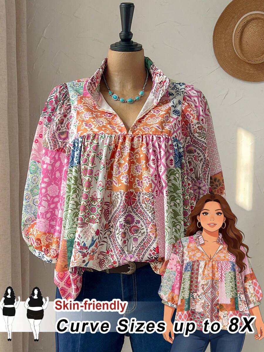 SHEIN CURVE+ 假日风休闲百搭大码露肩蓝白碎花图案钥匙孔领衬衫,夏季度假 - 彩色 - 查看 1
