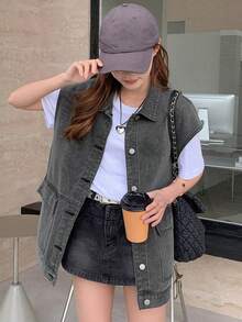 DAZY Women's Short Sleeve Front Button Loose Casual Denim Jacket For Summer - Grey - View 6