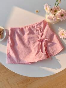 Comfortcana Women's Floral Embroidery Side Drawstring Culottes - Pink - View 7
