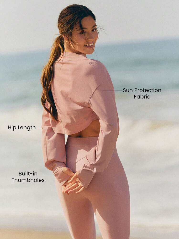 Sun Savior UV Protection Cool-Feel Breathable Loose Fit Hip Length Cropped Cooling Shrug With Thumbholes Summer Daily Casual Wear