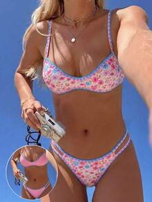 Swim Mod Nuevo conjunto de bikini de dos piezas con volantes de color contrastante, estilo floral dulce europeo y americano, de cuello halter y espalda descubierta, con tanga de corte alto, traje de baño sexy para playa, vacaciones y fiestas - Multicolor - Ver 7