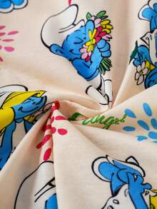 SHEIN X The Smurfs 女童字母卡通印花纽扣短袖上衣和短裤休闲家居服套装 - 杏色 - 查看 6