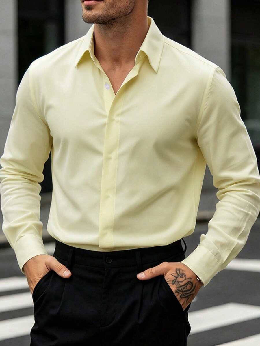 Manfinity Mode Kemeja Pria Lengan Panjang, Kuning Pucat, Musim Gugur, Kasual Bisnis, Kantor & Formal, Kancing Depan, Nyaman Sepanjang Musim, Potongan Reguler, Tekstur Halus, Upacara - Kuning muda - View 1