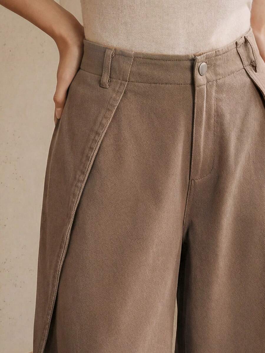 Anewsta Spring New Khaki Washed Pants, Fashionable Minimalist Commuter Wide-Leg Trousers For Women, Loose Flattering Distressed Jeans - Khaki - View 1