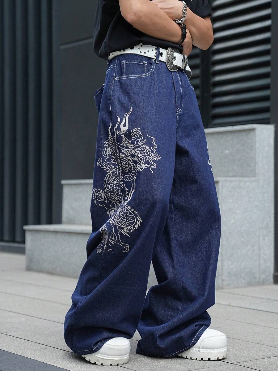 Manfinity EMRG Quần jean denim nam dáng rộng, in họa tiết, túi xéo, kiểu dáng thường ngày. - Màu xanh lam - Xem 1