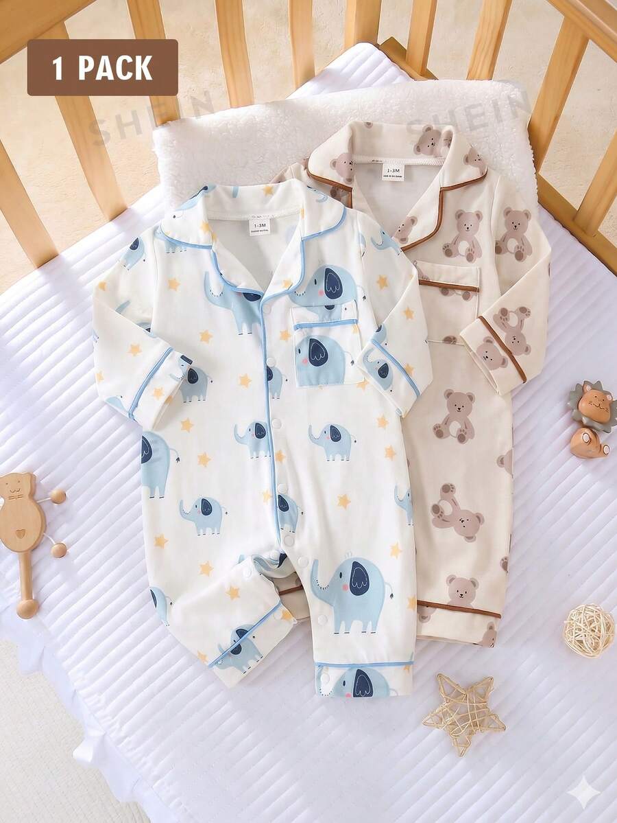 SHEIN 1 bộ áo liền quần dài tay cài khuy cho bé trai sơ sinh, chất liệu vải dệt kim, họa tiết in kỹ thuật số hình gấu dễ thương. - Màu xanh lam - Xem 1