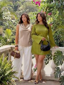 Auralis Plus Size Champagne Summer Elegant Khaki Satin Blouse, Floral Applique Pleated Collar Halter Neck Sleeveless Pullover Top For Party Wedding Prom - Khaki - View 8