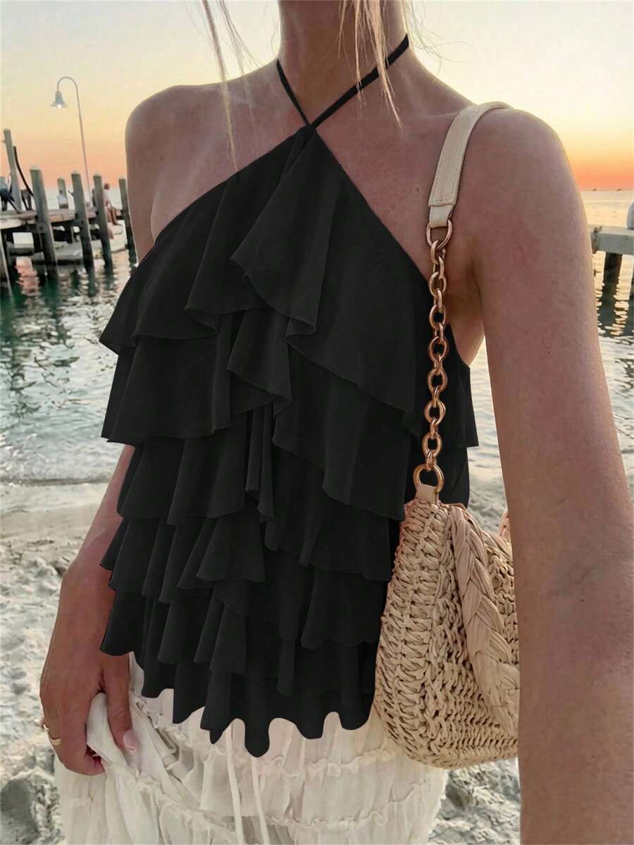 Aloruh Atasan Wanita Elegan Romantis dengan Tali Pengikat di Leher dan Lapisan Ruffle Warna Hitam untuk Liburan/Kencan, Atasan Musim Panas - Hitam - View 1