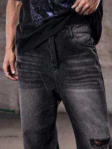 Boys' Distressed Denim Jeans, Casual Wear, Minimalist Fashion, Incorporating Ripped And Faded Elements, Blending Hip-Hop And Rap Styles, Suitable For All Seasons And Summer, Men's Pantsemo - Black - View 6