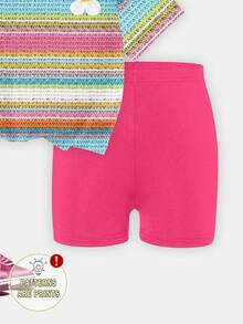Spring And Summer Girls Casual Fashionable Creative Colorful Striped Floral Print T-Shirt And Bike Shorts Set, Comfortable Daily Wear - Multicolor - View 6