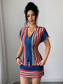 Elenzga Bộ áo và chân váy ngắn ôm eo, trang phục nghỉ dưỡng lãng mạn, thanh lịch dành cho nữ. - Nhiều màu - Xem 6