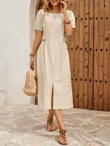 EMERY ROSE Đầm nữ mùa hè tối giản cổ tròn xẻ eo dáng lửng - Màu Khaki - Xem 5