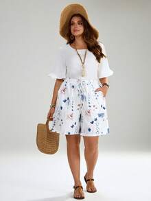 EMERY ROSE Plus Size Summer Floral Print Drawstring Waist Slant Pocket Shorts , Beach Summer For Women - White - View 7