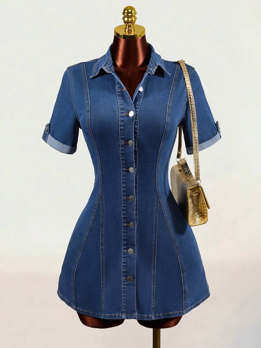 Đầm denim nữ mùa hè kiểu dáng thường ngày, tay áo xắn gập, eo thắt, cài khuy đơn. - Màu xanh lam - Xem 1