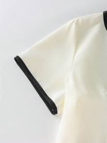 SHEIN Franclia Đầm ngắn tay phối màu tương phản, thanh lịch, thoải mái dành cho nữ, thích hợp đi làm. - Đen và trắng - Xem 3
