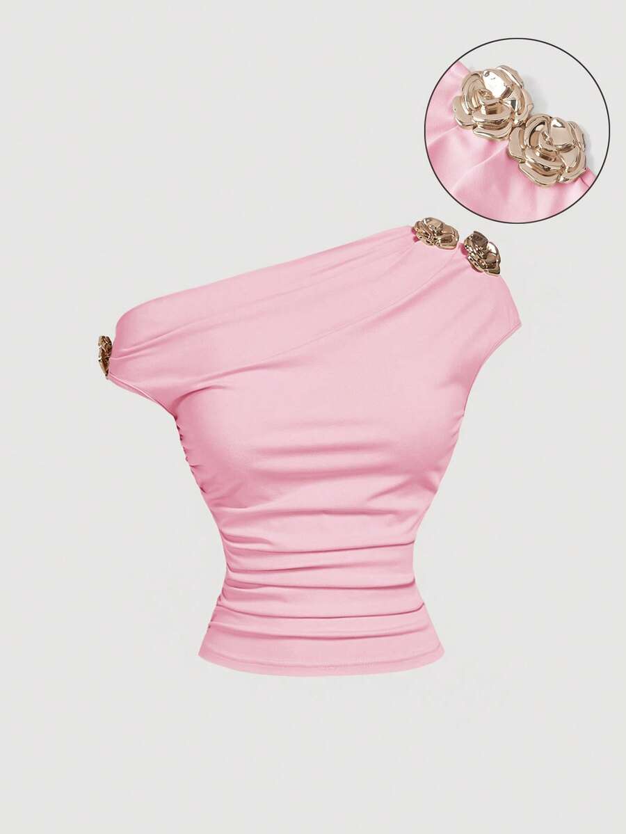 SHEIN MOD 女士优雅时尚度假风纯色不对称领金属花卉装饰褶皱修身T恤,夏季 - 粉色 - 查看 1