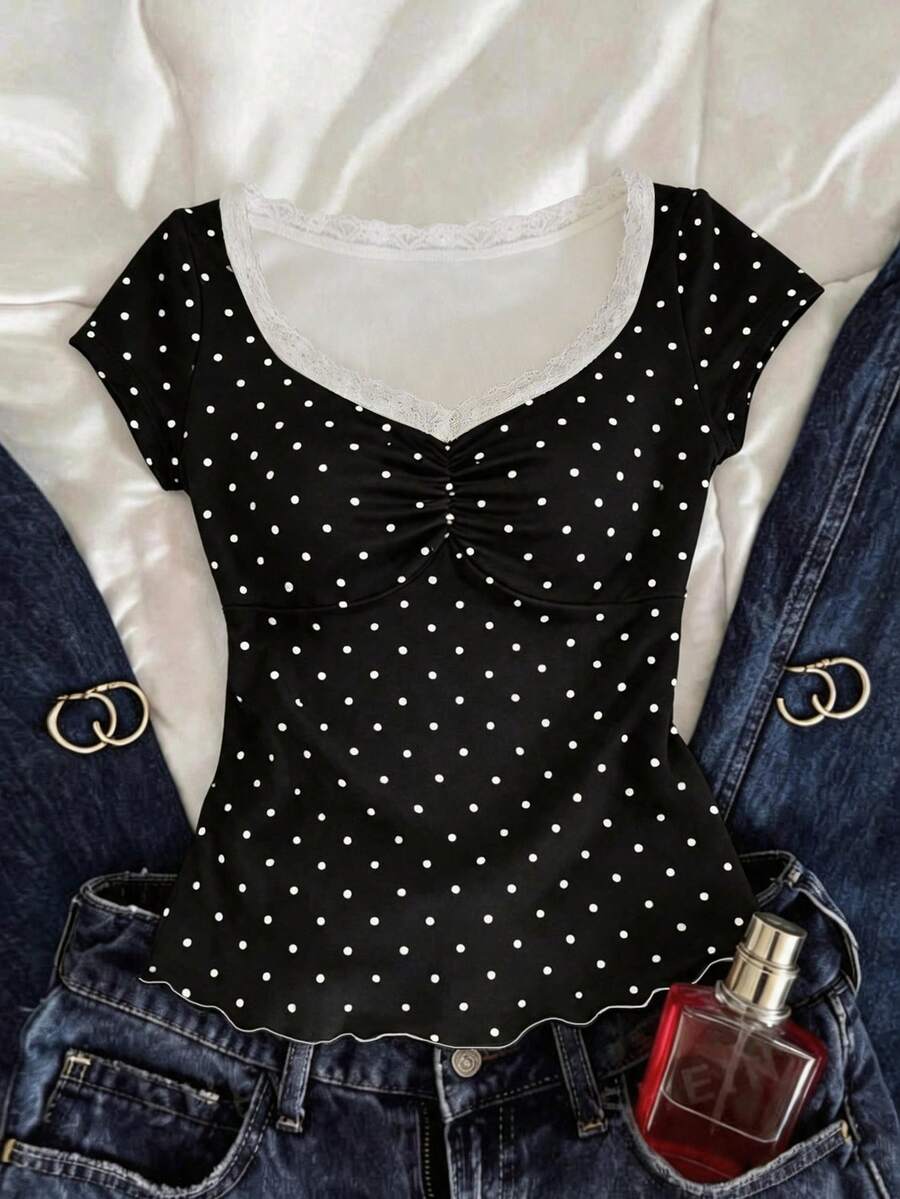 White Polka Dot Lace V-Neck Short Sleeve T-Shirt Women, Ruched Waist Ruffle Hem Cropped Sweet & Spicy Style Top - Black - View 1