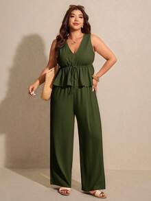 Elaquor Plus Size Summer Casual Solid Color V-Neck Tie-Waist Tank Top And Pants 2-Piece Set - Army Green - View 3