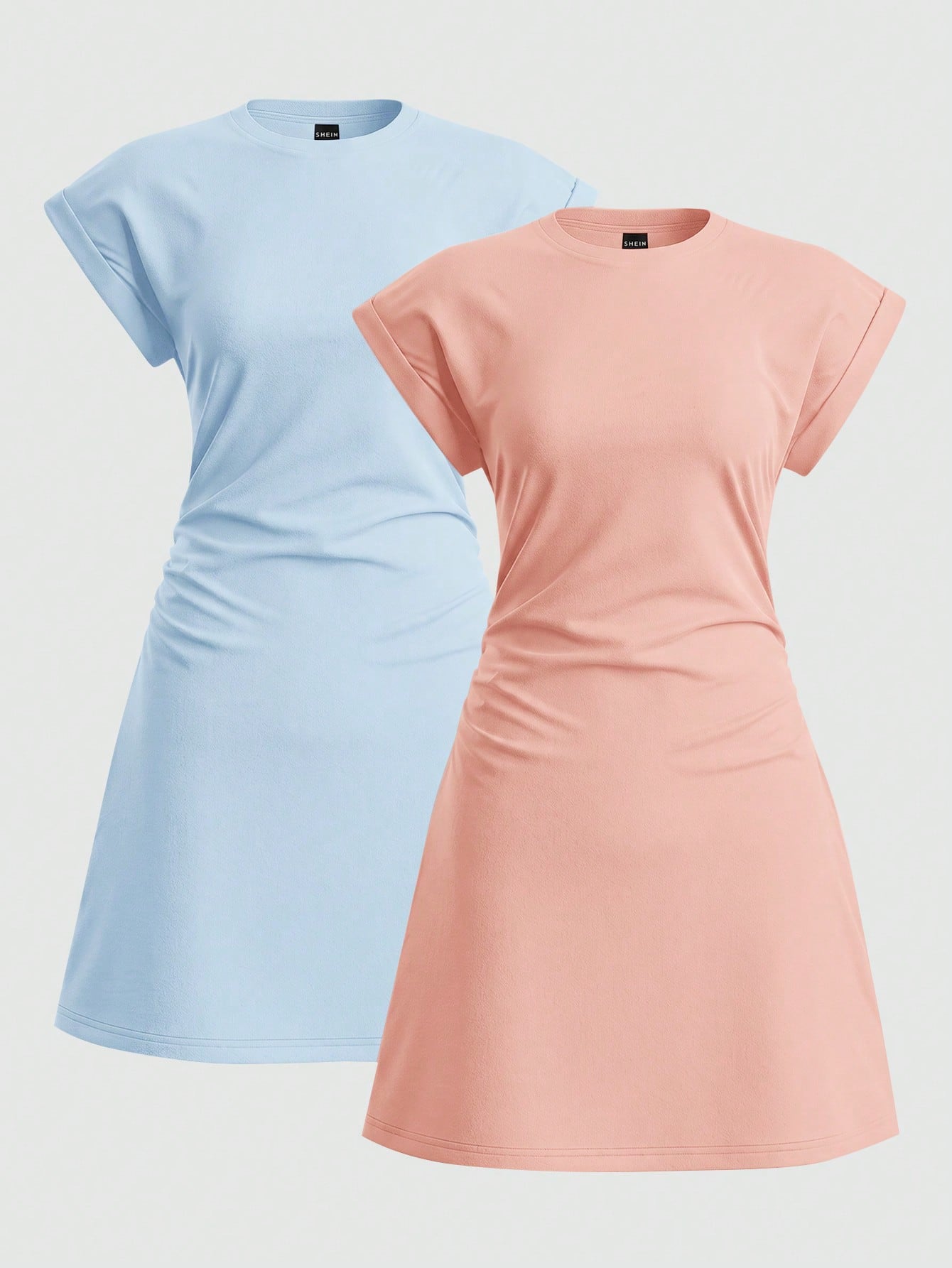 Basics 2Pcs Set Casual Solid Color Knit Round Neck Short Sleeve Mini Dress For