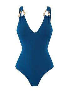 SHEIN Swim Oasis Bộ áo tắm liền thân và váy ngắn màu trơn đính kim loại dành cho nữ, thích hợp cho kỳ nghỉ biển, tiệc bể bơi, tiệc bãi biển. - Màu xanh lam - Xem 3