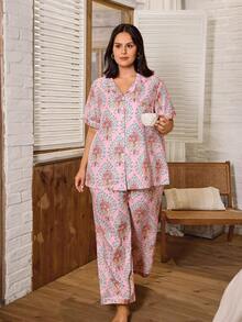 Serenescape Paisley Pattern Bohemian & Plus Size Lapel Short Sleeve Pajama Set, Vacation Vibe - Pink - View 1