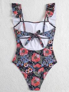 Swim Lushoire 女士夏季沙滩度假成熟随机印花荷叶边抹胸前扭结连体泳衣 - 彩色 - 查看 7