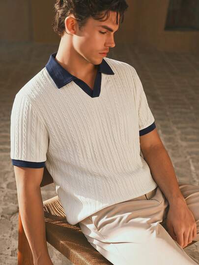 HIMLAND Men's Fashionable Versatile Contrast Color V-Neck Short Sleeve Polo Shirt