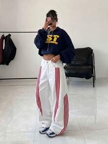 StreetHx Denim Casuais Soltos de Perna Larga com Listras e Bolsos para Mulheres - Branco - Visão 4