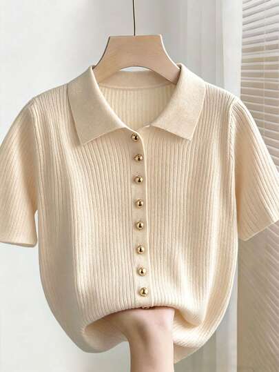 Franclia Áo khoác cardigan nữ cỡ lớn, kiểu dáng thường ngày, thanh lịch, phong cách Pháp, màu be, cổ ve áo, vai thường, tay ngắn, bo gân, cúc kim loại, thích hợp cho mùa xuân/hè.