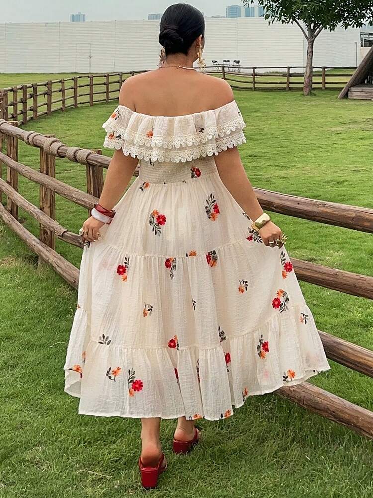 Dazy Plus French Design Niche High-End Ditsy Floral Short Sleeve Cinched Waist Floral Dress, Plus Size For Women Summer
