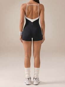 SHEIN BAE Bộ jumpsuit mùa hè thời trang ôm sát, phối viền tương phản - Đen và trắng - Xem 4