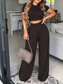 Selianne Donna tuta due pezzi estiva casual con top a maniche corte tinta unita e pantaloni lungo - nero - Visualizzare 4