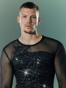 Men's Round Neck Long Sleeve T-Shirt, Men's Mesh Patchwork T-Shirt - Black - View 6