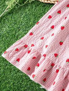 SHEIN Elladie kids 女童柠檬格子数码印花拼接荷叶边吊带连衣裙，适合夏季日常穿着、外出、旅行、度假和聚会。 - 粉色 - 查看 6