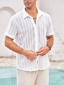 Mercer Haus Men's Jacquard Elastic Casual Shirt, Hollow Lattice, For Summer Vacation Beach Wear - White - View 7