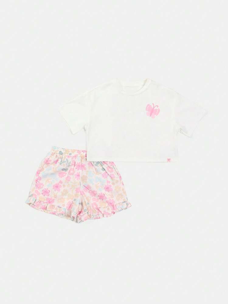 Girls Floral T-Shirt And Shorts Co-Ord Set With Happy Days Everyday Text Print Short Sleeve Crew Neck Summer Outfit With Ruffle Hem Details